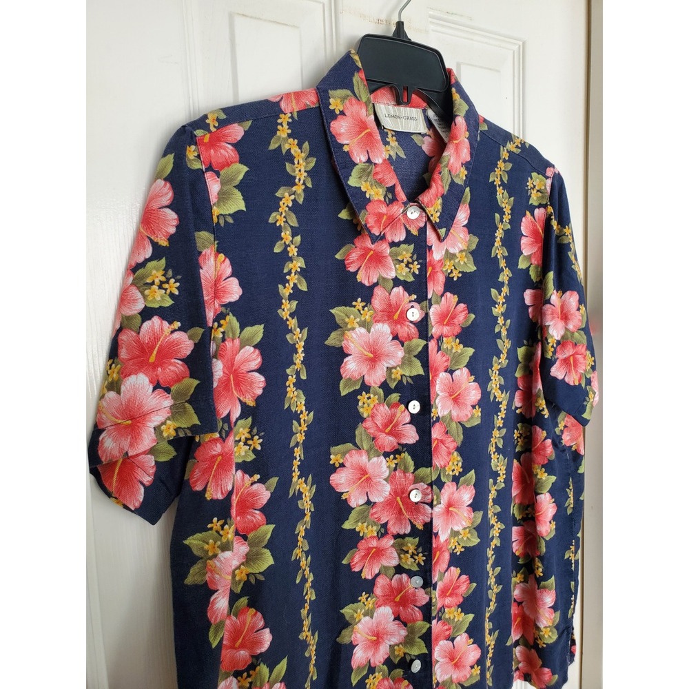 Lemon Grass Shirt Navy Blue Floral Hibiscus Linen Blend Button Up Tropical Large